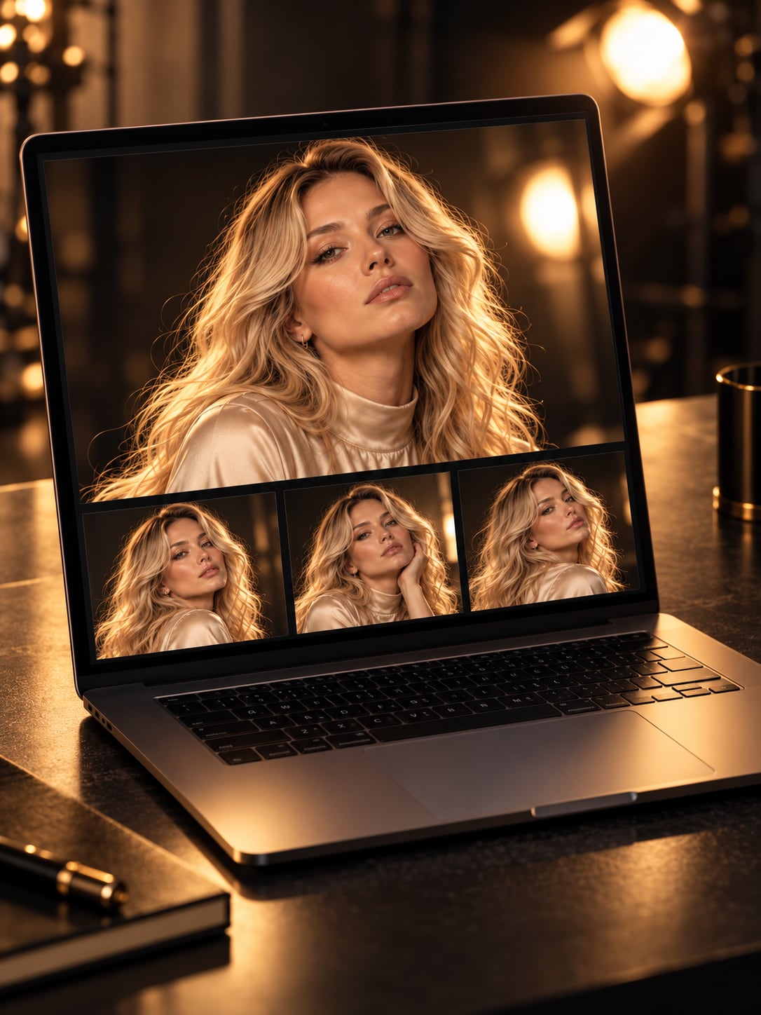 AI-generated portrait of Rio on a laptop screen with smaller alternates, ready to publish